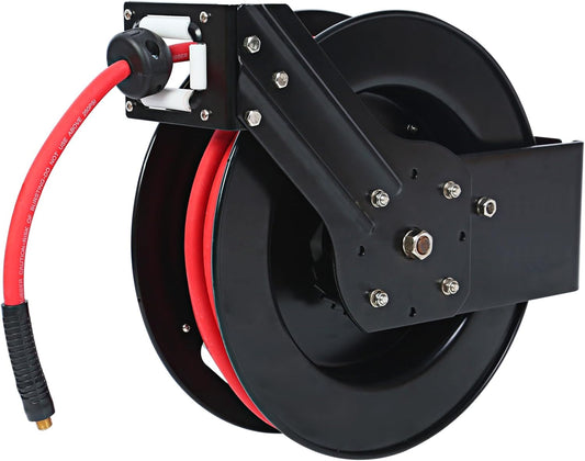 50 Foot Auto Rewind Retractable Air Hose Reel with 3/8" Rubber Hose 250 PSI Heavy Duty Steel Spring Multi Position Ratchet and Solid Brass Fittings for Garage and Workshop (80720)