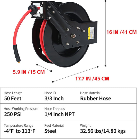 50 Foot Auto Rewind Retractable Air Hose Reel with 3/8" Rubber Hose 250 PSI Heavy Duty Steel Spring Multi Position Ratchet and Solid Brass Fittings for Garage and Workshop (80720)