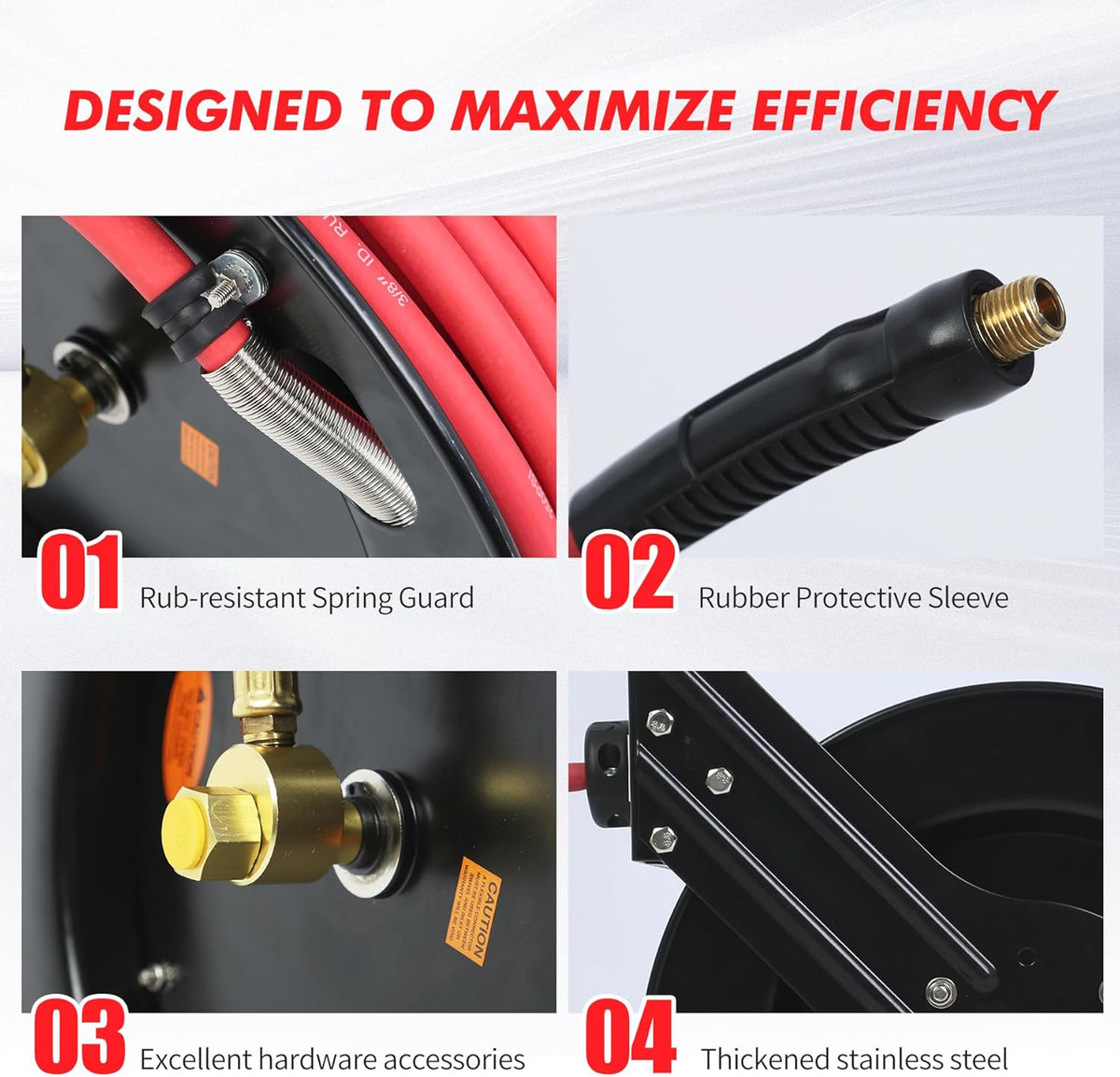 50 Foot Auto Rewind Retractable Air Hose Reel with 3/8" Rubber Hose 250 PSI Heavy Duty Steel Spring Multi Position Ratchet and Solid Brass Fittings for Garage and Workshop (80720)
