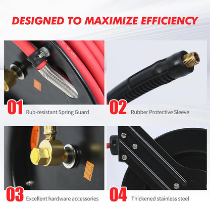 50 Foot Auto Rewind Retractable Air Hose Reel with 3/8" Rubber Hose 250 PSI Heavy Duty Steel Spring Multi Position Ratchet and Solid Brass Fittings for Garage and Workshop (80720)