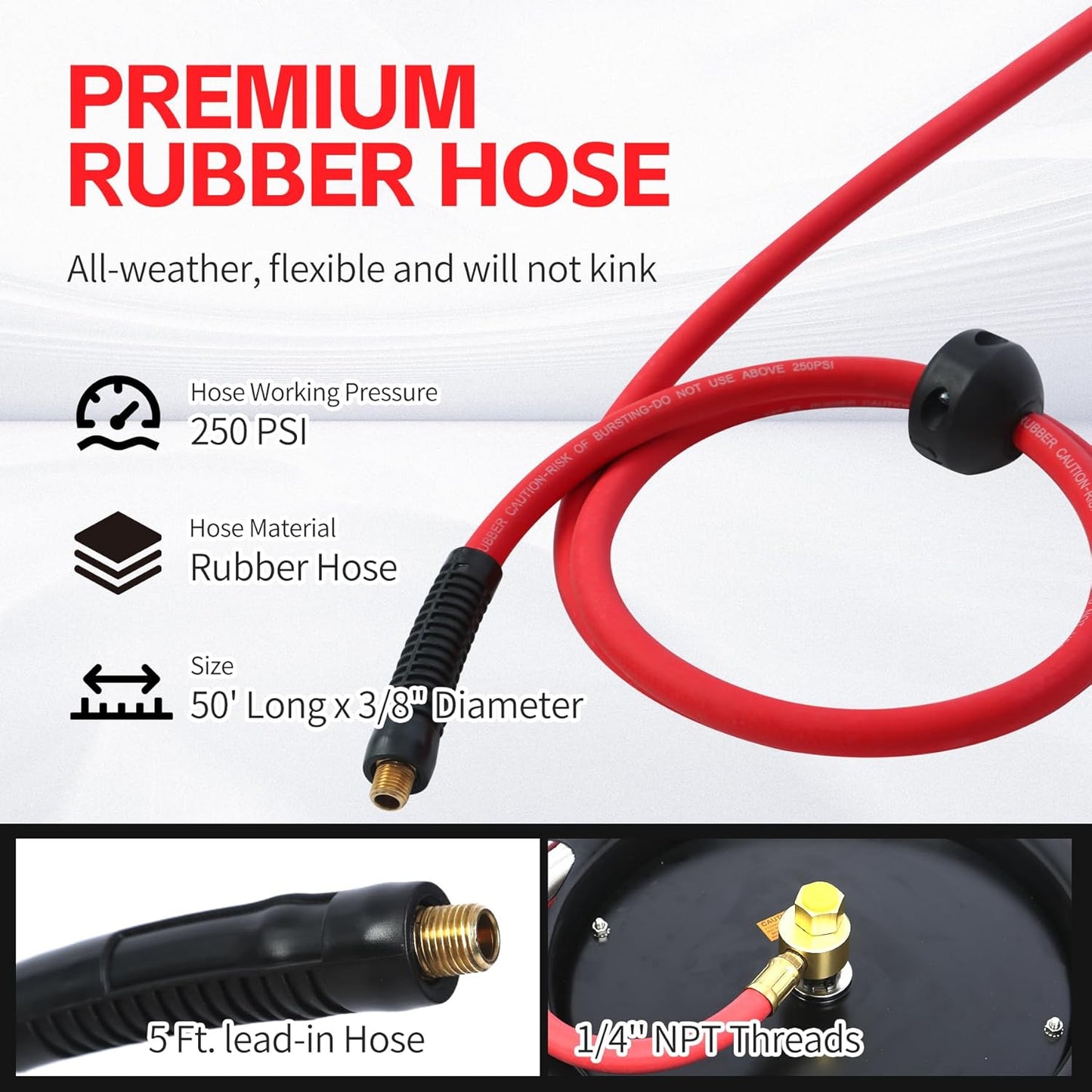 50 Foot Auto Rewind Retractable Air Hose Reel with 3/8" Rubber Hose 250 PSI Heavy Duty Steel Spring Multi Position Ratchet and Solid Brass Fittings for Garage and Workshop (80720)