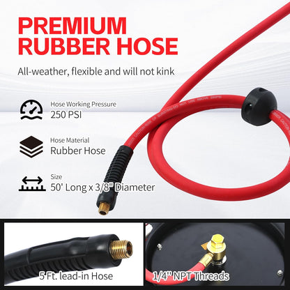 50 Foot Auto Rewind Retractable Air Hose Reel with 3/8" Rubber Hose 250 PSI Heavy Duty Steel Spring Multi Position Ratchet and Solid Brass Fittings for Garage and Workshop (80720)