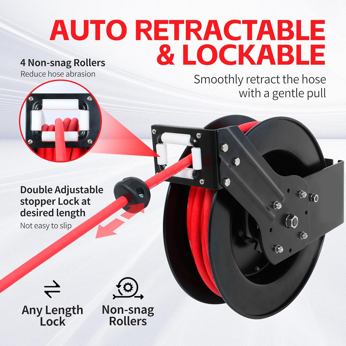 50 Foot Auto Rewind Retractable Air Hose Reel with 3/8" Rubber Hose 250 PSI Heavy Duty Steel Spring Multi Position Ratchet and Solid Brass Fittings for Garage and Workshop (80720)