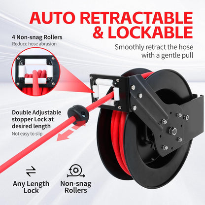 50 Foot Auto Rewind Retractable Air Hose Reel with 3/8" Rubber Hose 250 PSI Heavy Duty Steel Spring Multi Position Ratchet and Solid Brass Fittings for Garage and Workshop (80720)