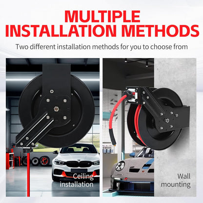 50 Foot Auto Rewind Retractable Air Hose Reel with 3/8" Rubber Hose 250 PSI Heavy Duty Steel Spring Multi Position Ratchet and Solid Brass Fittings for Garage and Workshop (80720)