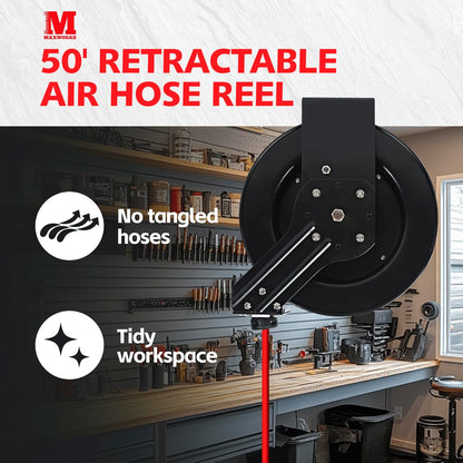 50 Foot Auto Rewind Retractable Air Hose Reel with 3/8" Rubber Hose 250 PSI Heavy Duty Steel Spring Multi Position Ratchet and Solid Brass Fittings for Garage and Workshop (80720)