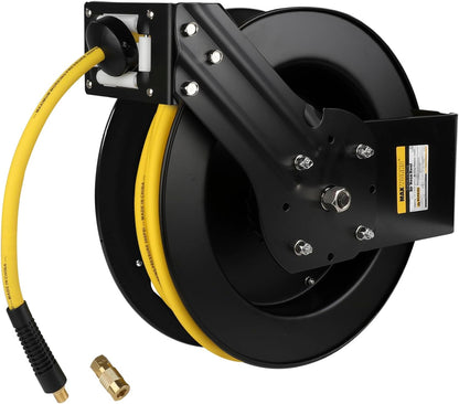 50 Foot Auto Rewind Retractable Air Hose Reel with 3/8" Rubber Hose 250 PSI Heavy Duty Steel Spring Multi Position Ratchet and Solid Brass Fittings for Garage and Workshop (80720)