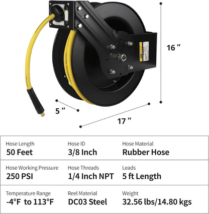 50 Foot Auto Rewind Retractable Air Hose Reel with 3/8" Rubber Hose 250 PSI Heavy Duty Steel Spring Multi Position Ratchet and Solid Brass Fittings for Garage and Workshop (80720)