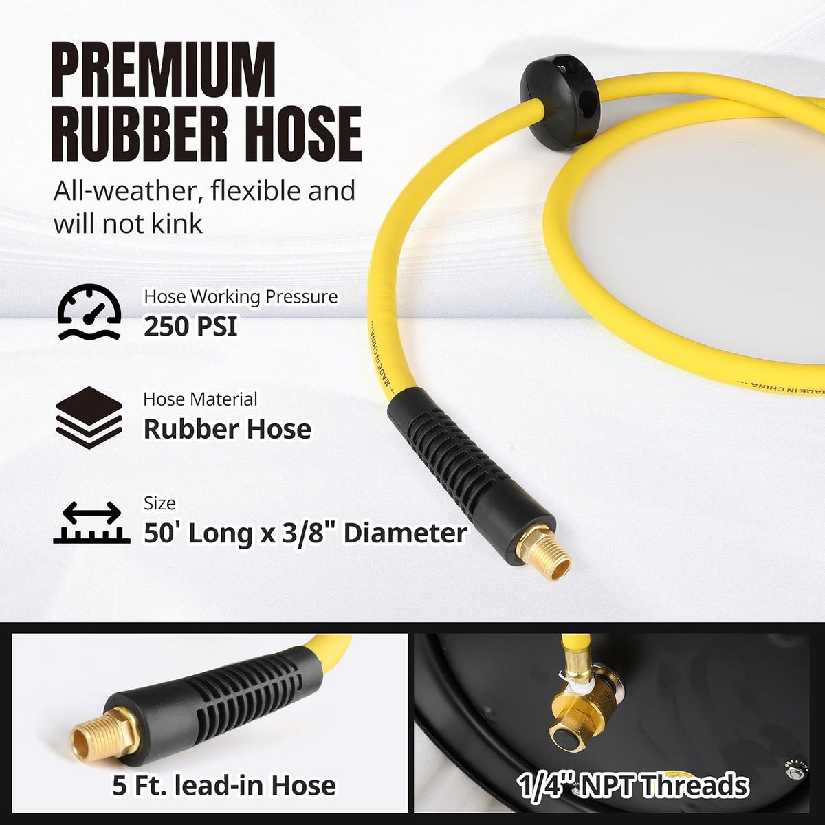 50 Foot Auto Rewind Retractable Air Hose Reel with 3/8" Rubber Hose 250 PSI Heavy Duty Steel Spring Multi Position Ratchet and Solid Brass Fittings for Garage and Workshop (80720)