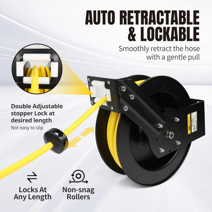 50 Foot Auto Rewind Retractable Air Hose Reel with 3/8" Rubber Hose 250 PSI Heavy Duty Steel Spring Multi Position Ratchet and Solid Brass Fittings for Garage and Workshop (80720)