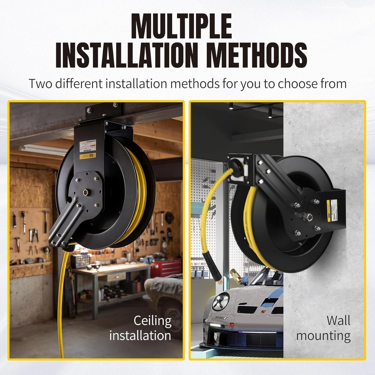 50 Foot Auto Rewind Retractable Air Hose Reel with 3/8" Rubber Hose 250 PSI Heavy Duty Steel Spring Multi Position Ratchet and Solid Brass Fittings for Garage and Workshop (80720)
