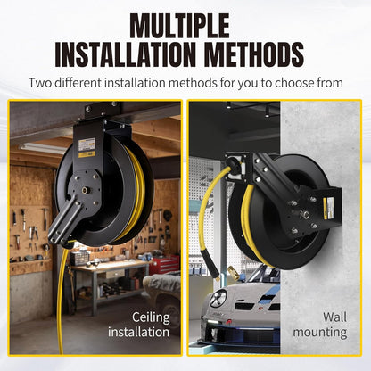 50 Foot Auto Rewind Retractable Air Hose Reel with 3/8" Rubber Hose 250 PSI Heavy Duty Steel Spring Multi Position Ratchet and Solid Brass Fittings for Garage and Workshop (80720)