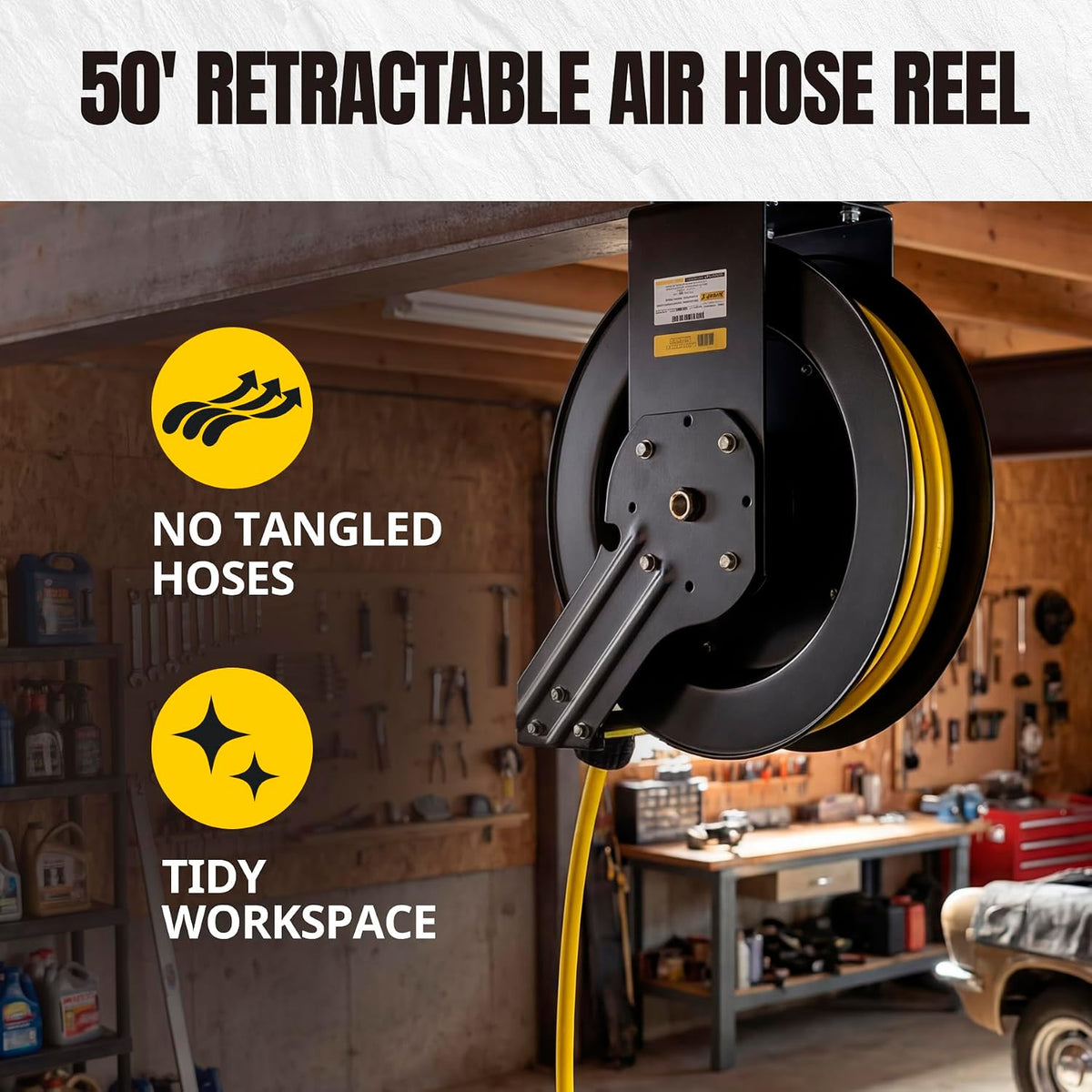 50 Foot Auto Rewind Retractable Air Hose Reel with 3/8" Rubber Hose 250 PSI Heavy Duty Steel Spring Multi Position Ratchet and Solid Brass Fittings for Garage and Workshop (80720)