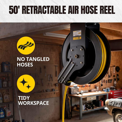 50 Foot Auto Rewind Retractable Air Hose Reel with 3/8" Rubber Hose 250 PSI Heavy Duty Steel Spring Multi Position Ratchet and Solid Brass Fittings for Garage and Workshop (80720)