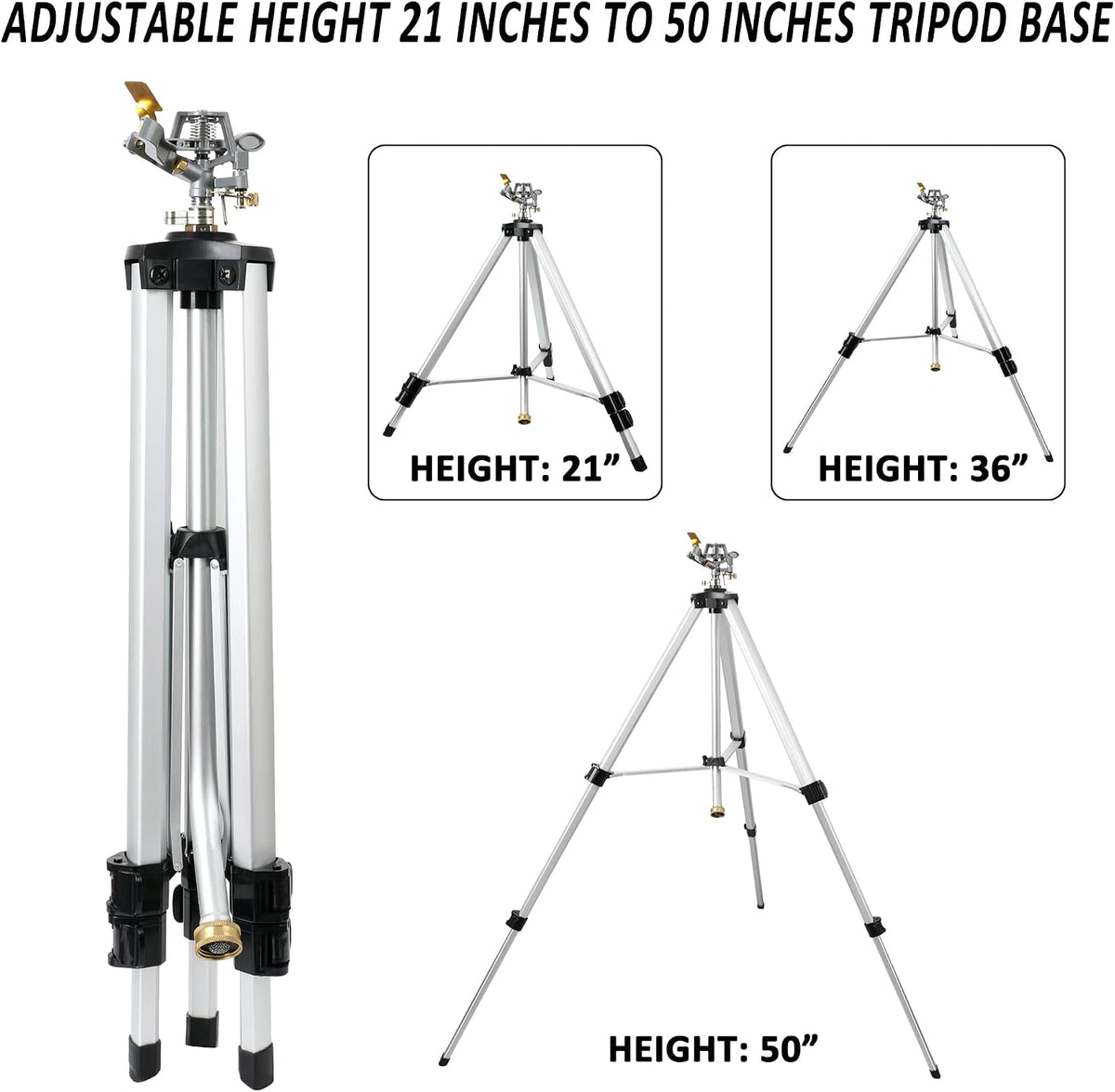 Heavy Duty Impact Sprinkler on Tripod Base, Tall Metal Pulsating Telescoping Tripod Sprinkler for Large Area, Yard, Lawn, Garden, Waters up to 70 Ft. Diameter, Legs Extends Up to 36-inch