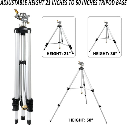 Heavy Duty Impact Sprinkler on Tripod Base, Tall Metal Pulsating Telescoping Tripod Sprinkler for Large Area, Yard, Lawn, Garden, Waters up to 70 Ft. Diameter, Legs Extends Up to 36-inch