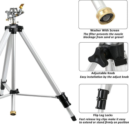 Heavy Duty Impact Sprinkler on Tripod Base, Tall Metal Pulsating Telescoping Tripod Sprinkler for Large Area, Yard, Lawn, Garden, Waters up to 70 Ft. Diameter, Legs Extends Up to 36-inch