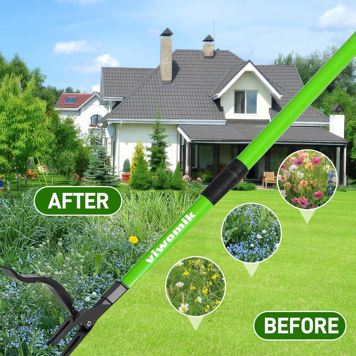 Weed Puller,Stand-Up Weeding Picker Tool,Detachable Hand Weed Root Remover Tool,with 4-Claw Steel Head & 3-Sectioal Pole Long Handle for Lawn/Yard and Garden Gripper Without Bending or Kneeling