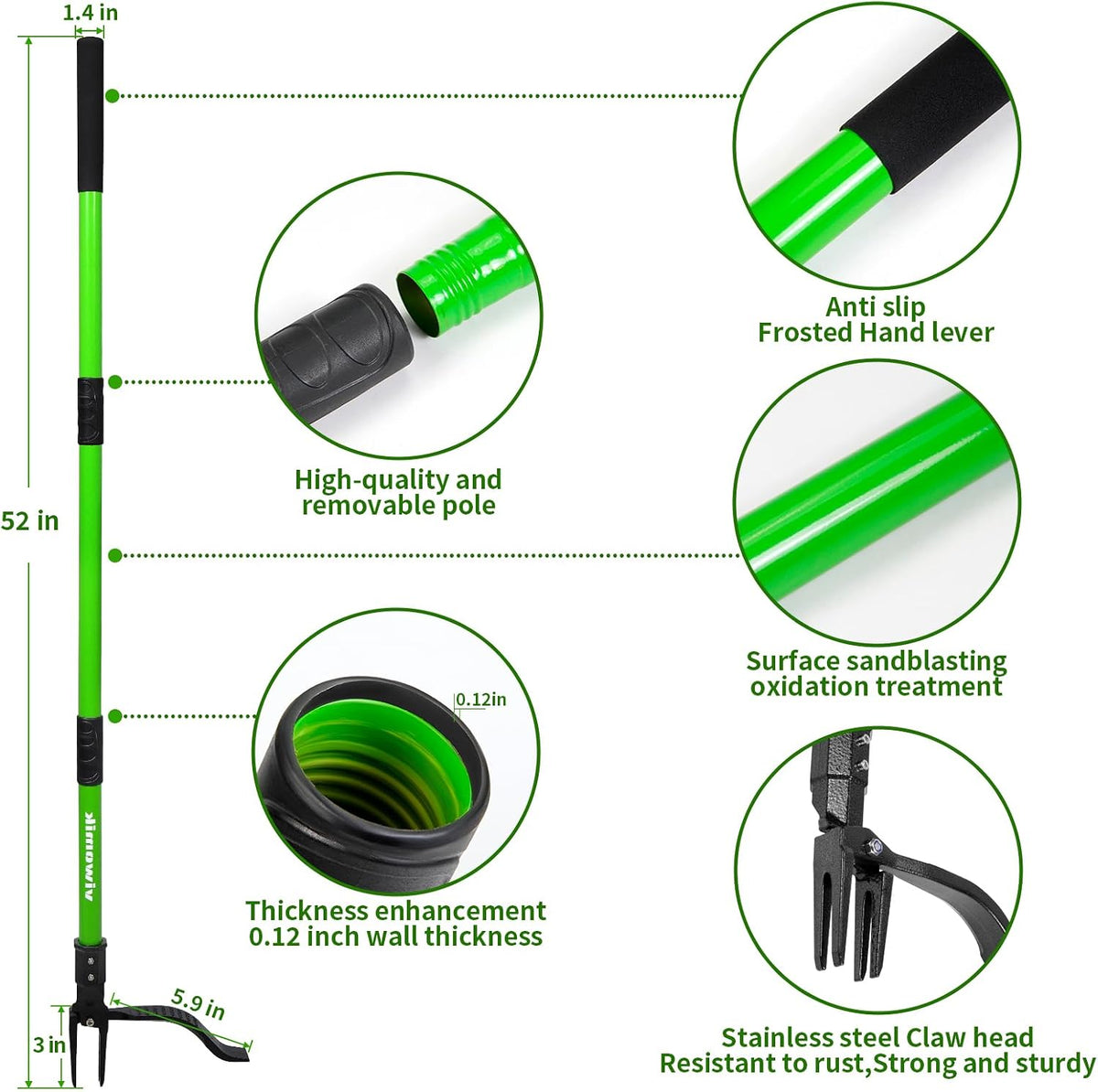 Weed Puller,Stand-Up Weeding Picker Tool,Detachable Hand Weed Root Remover Tool,with 4-Claw Steel Head & 3-Sectioal Pole Long Handle for Lawn/Yard and Garden Gripper Without Bending or Kneeling