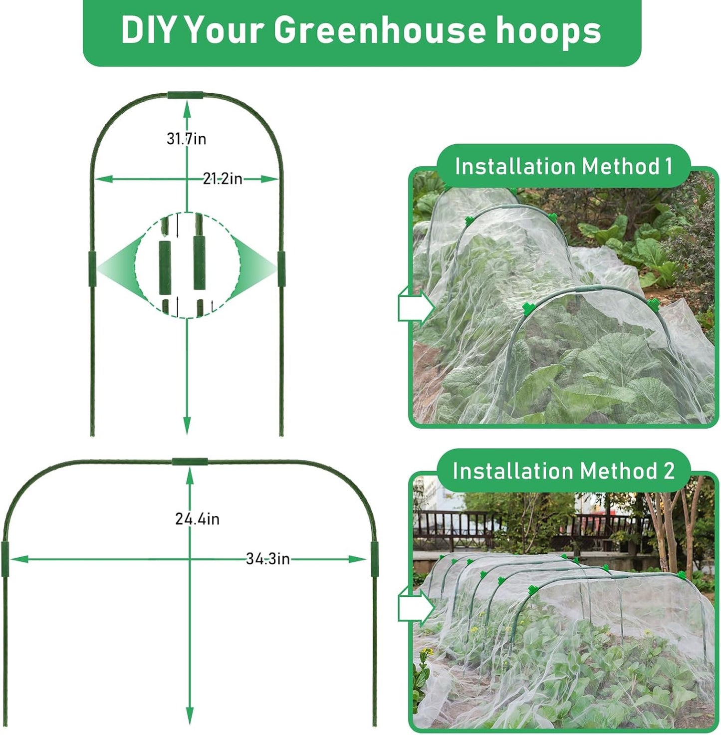 Garden Mesh Netting Kit, 10 * 30FT Ultra Fine Plant Netting Covers with 6 Pcs Garden Hoops & 18 Clips, Row Cover Net Protection for Tree Fruit Barrier Vegetable Fruits Flowers Shrubs Plant Covers Net