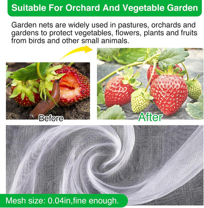 Garden Mesh Netting Kit, 10 * 30FT Ultra Fine Plant Netting Covers with 6 Pcs Garden Hoops & 18 Clips, Row Cover Net Protection for Tree Fruit Barrier Vegetable Fruits Flowers Shrubs Plant Covers Net