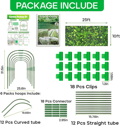 Garden Mesh Netting Kit, 10 * 30FT Ultra Fine Plant Netting Covers with 6 Pcs Garden Hoops & 18 Clips, Row Cover Net Protection for Tree Fruit Barrier Vegetable Fruits Flowers Shrubs Plant Covers Net