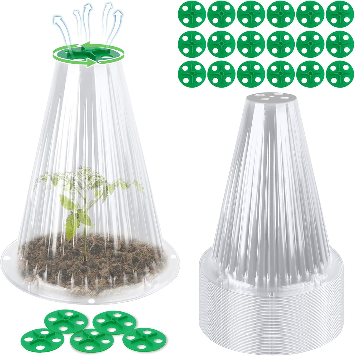 30 Pack Garden Cloches for Plants with Rotary Vent Cover Reusable