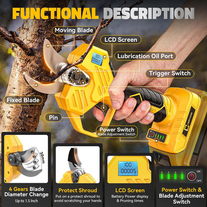 Electric Pruning Shears Compatible with DeWalt 20v Battery, 0.8-2 Inch Max Cutting Diameter Electric Pruner with LCD Display & Imported SK7 Steel Blades for Gardening Tree Pruning(No Battery)