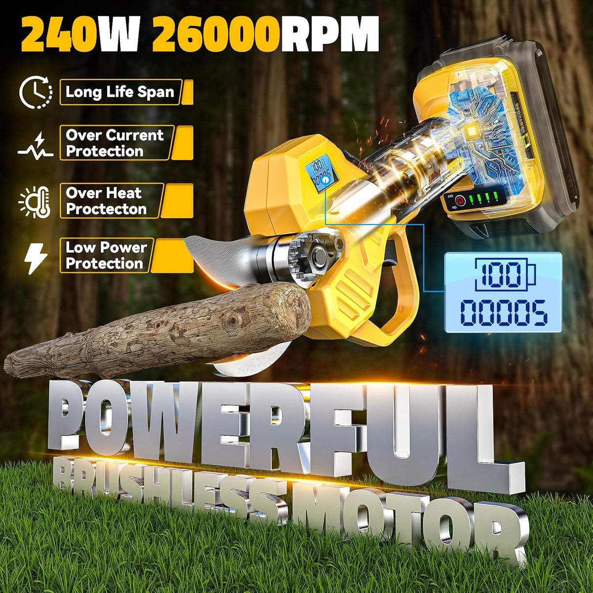Electric Pruning Shears Compatible with DeWalt 20v Battery, 0.8-2 Inch Max Cutting Diameter Electric Pruner with LCD Display & Imported SK7 Steel Blades for Gardening Tree Pruning(No Battery)