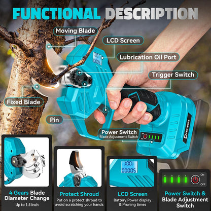 Electric Pruning Shears Compatible with DeWalt 20v Battery, 0.8-2 Inch Max Cutting Diameter Electric Pruner with LCD Display & Imported SK7 Steel Blades for Gardening Tree Pruning(No Battery)