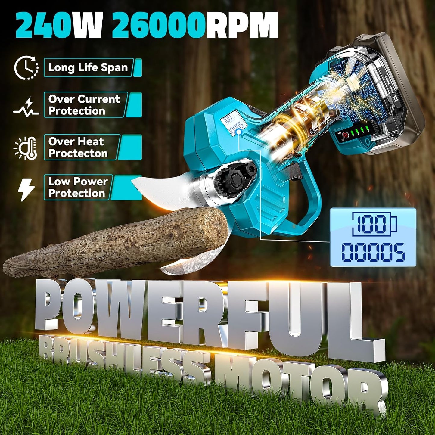 Electric Pruning Shears Compatible with DeWalt 20v Battery, 0.8-2 Inch Max Cutting Diameter Electric Pruner with LCD Display & Imported SK7 Steel Blades for Gardening Tree Pruning(No Battery)