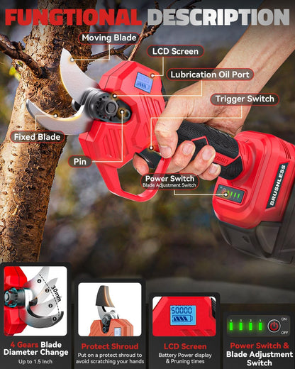 Electric Pruning Shears Compatible with DeWalt 20v Battery, 0.8-2 Inch Max Cutting Diameter Electric Pruner with LCD Display & Imported SK7 Steel Blades for Gardening Tree Pruning(No Battery)