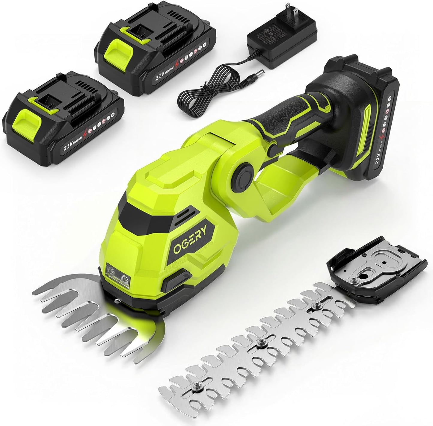 21V Cordless Hedge Trimmer & Grass Shears, 2-in-1 Powerful Dual Batteries Electric Bush Trimmer with 8.9” Hedge Blade & 5.1” Grass Trimmer, Adjustable Angle, Lightweight for Garden & Lawn Care