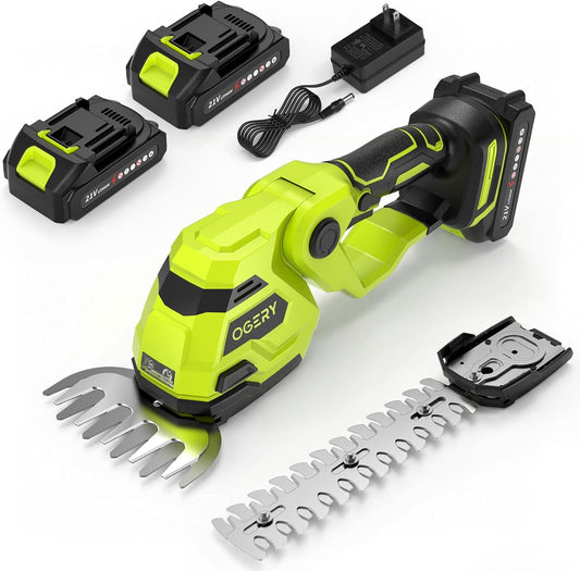 21V Cordless Hedge Trimmer & Grass Shears, 2-in-1 Powerful Dual Batteries Electric Bush Trimmer with 8.9” Hedge Blade & 5.1” Grass Trimmer, Adjustable Angle, Lightweight for Garden & Lawn Care