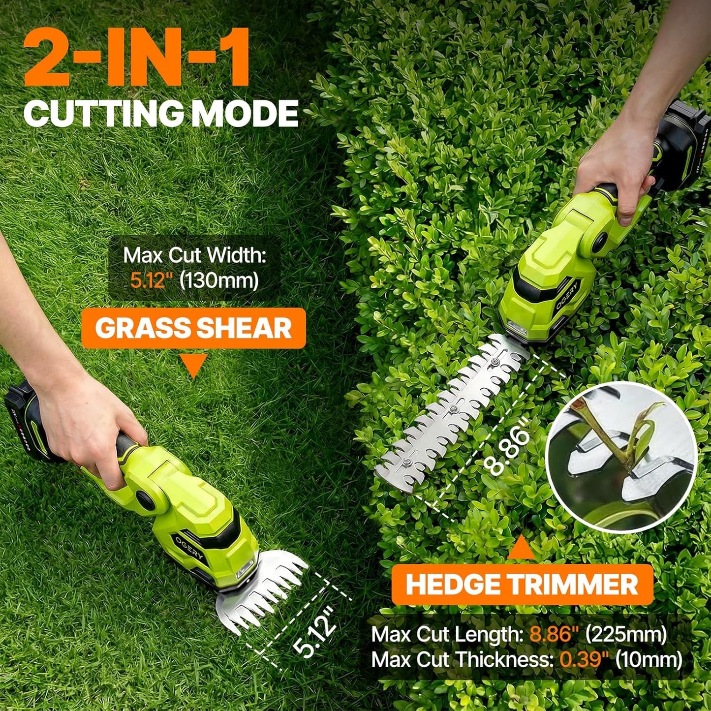 21V Cordless Hedge Trimmer & Grass Shears, 2-in-1 Powerful Dual Batteries Electric Bush Trimmer with 8.9” Hedge Blade & 5.1” Grass Trimmer, Adjustable Angle, Lightweight for Garden & Lawn Care