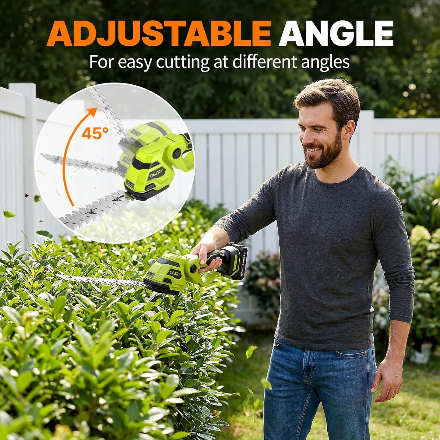 21V Cordless Hedge Trimmer & Grass Shears, 2-in-1 Powerful Dual Batteries Electric Bush Trimmer with 8.9” Hedge Blade & 5.1” Grass Trimmer, Adjustable Angle, Lightweight for Garden & Lawn Care