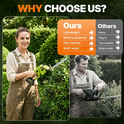 21V Cordless Hedge Trimmer & Grass Shears, 2-in-1 Powerful Dual Batteries Electric Bush Trimmer with 8.9” Hedge Blade & 5.1” Grass Trimmer, Adjustable Angle, Lightweight for Garden & Lawn Care