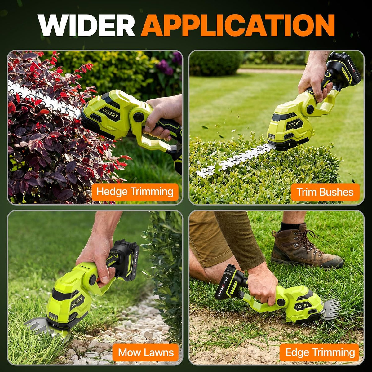 21V Cordless Hedge Trimmer & Grass Shears, 2-in-1 Powerful Dual Batteries Electric Bush Trimmer with 8.9” Hedge Blade & 5.1” Grass Trimmer, Adjustable Angle, Lightweight for Garden & Lawn Care
