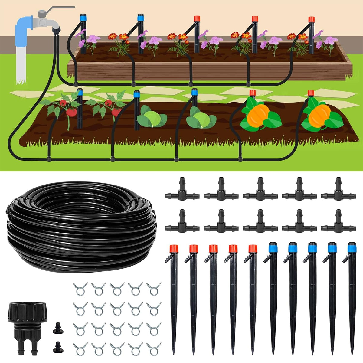 110ft Drip Irrigation System Kit, Garden Watering System DIY Automatic Irrigation Equipment Set for Lawn Raised Bed Greenhouse Plant Watering with 1/4'' Tubing, Drip Emitters, Connectors