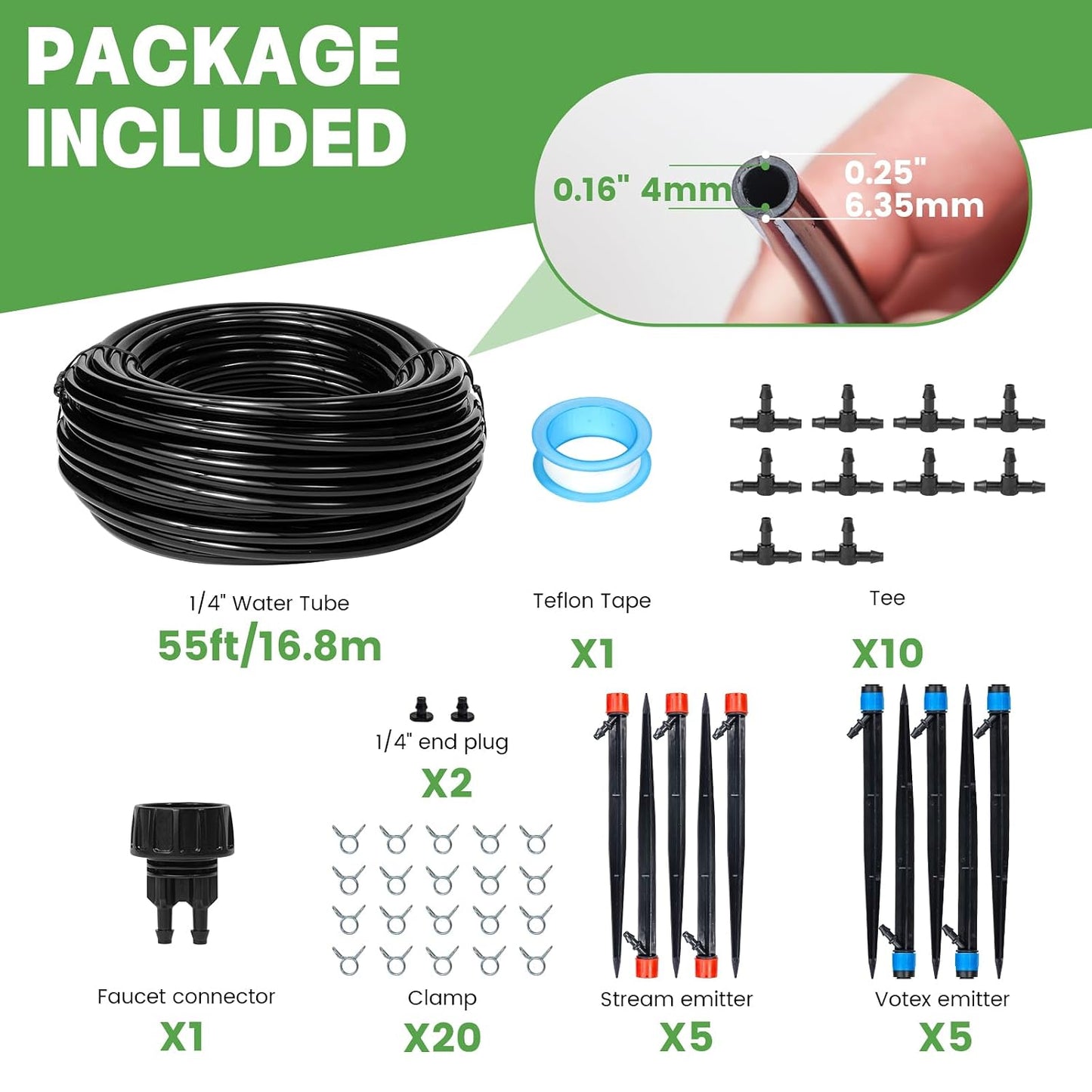 110ft Drip Irrigation System Kit, Garden Watering System DIY Automatic Irrigation Equipment Set for Lawn Raised Bed Greenhouse Plant Watering with 1/4'' Tubing, Drip Emitters, Connectors