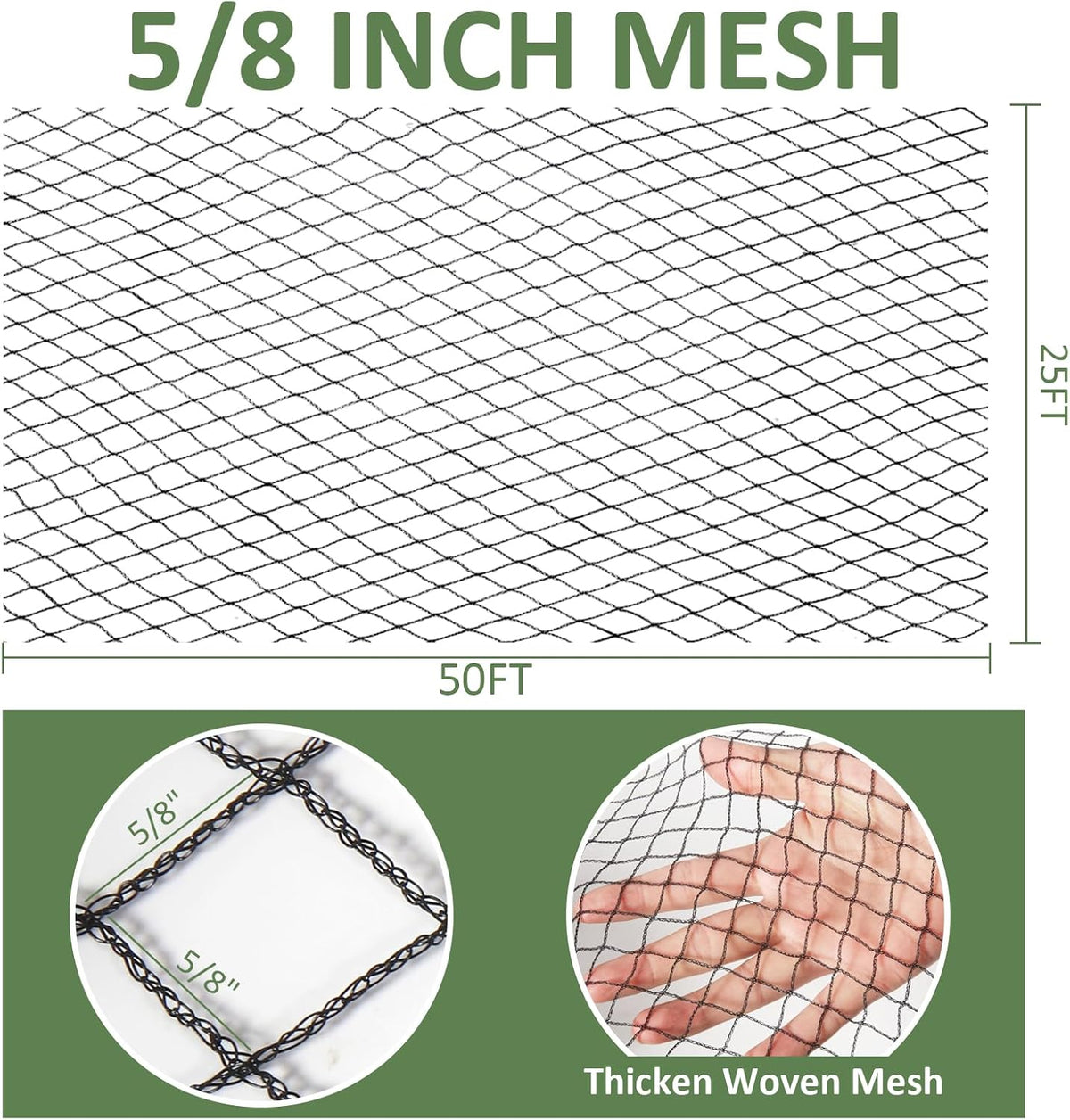 Heavy Duty Garden Netting with 5/8" Mesh, 25x25 Ft Extra Strong Woven Poultry Netting Plant Protection Netting for Fruit Trees, Vegetables & Flowers, Animal Fencing Against Birds, Deer, Poultry