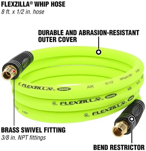 HFZ1204YW4S Swivel Whip Air Hose 4 Ft | 1/2" MNPT Swivel x 1/2 in" MNPT Ends | Extreme All Weather Flexibility | Lightweight