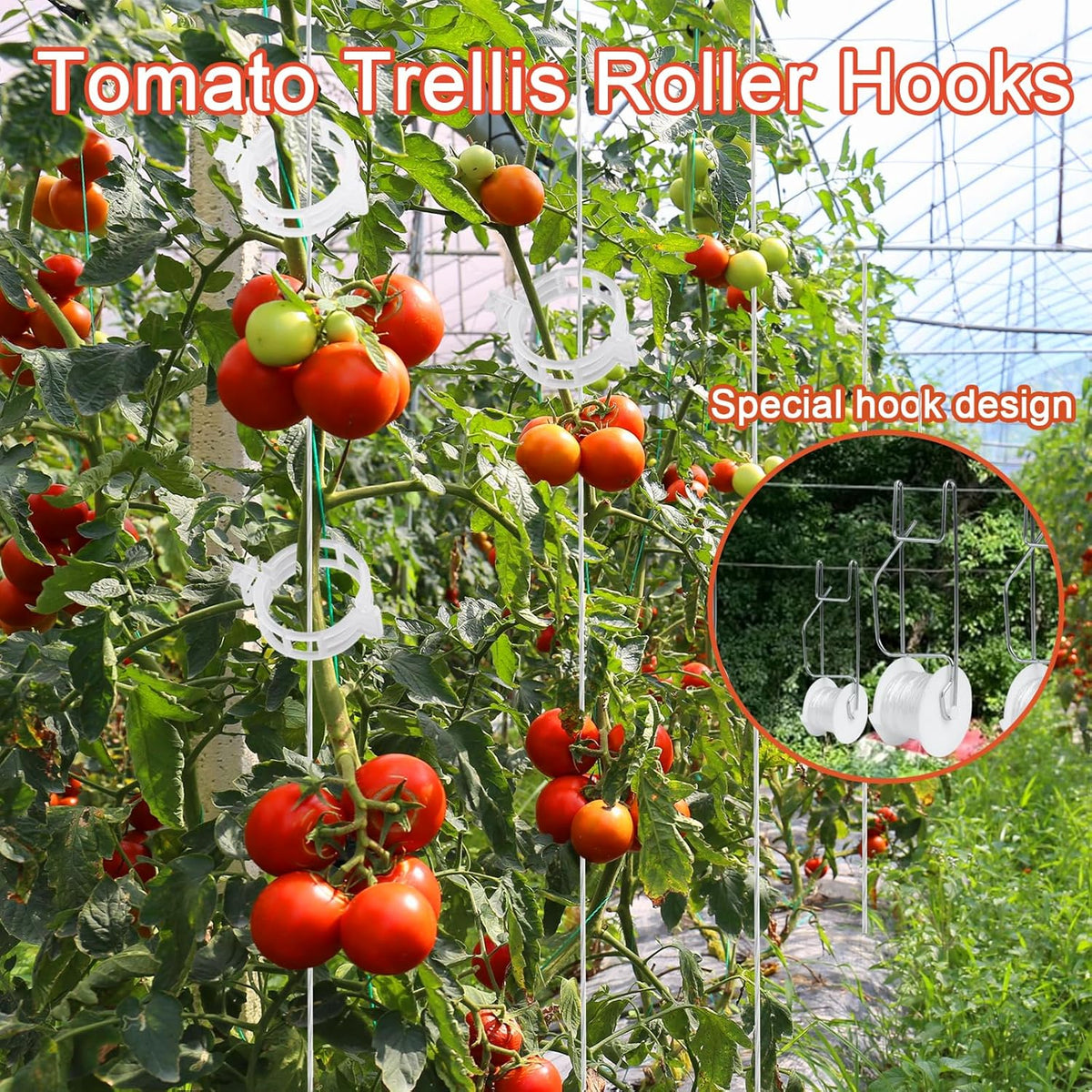 Tomato Support Hooks with String 20 Pcs,100 Pcs Plant Support Clips for Climbing Plants,Tomato Trellis Roller Hooks with 49.2FT String,Reusable Grape Vine Clips to Prevent Tomatoes