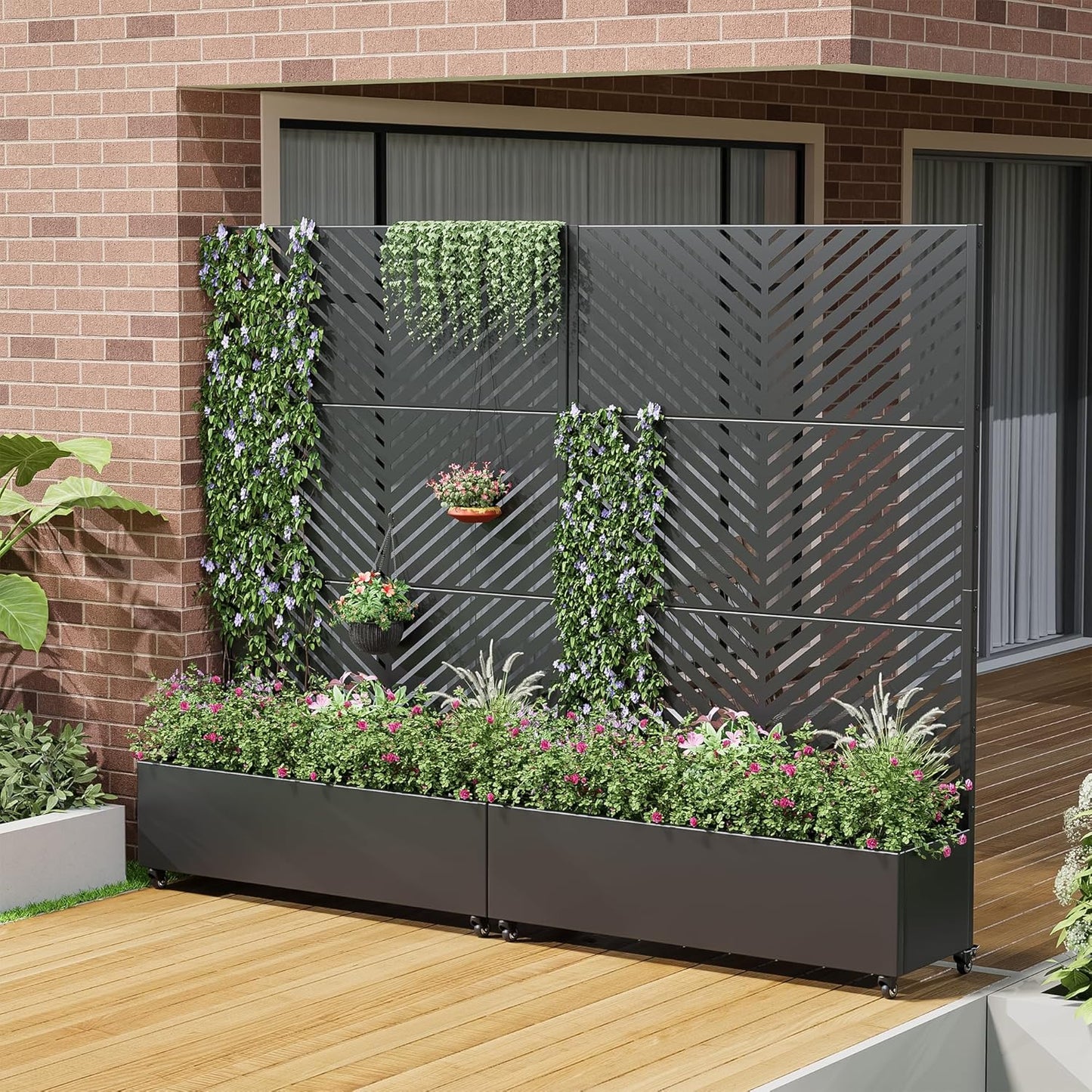 Casaphoria Metal Raised Garden Bed with Trellis and Wheels, 72"x47"x16" Planter Box for Climbing Plants, Vegetables & Vines, Features Drainage Holes and Privacy Screen (Black-Louver) - Colors C