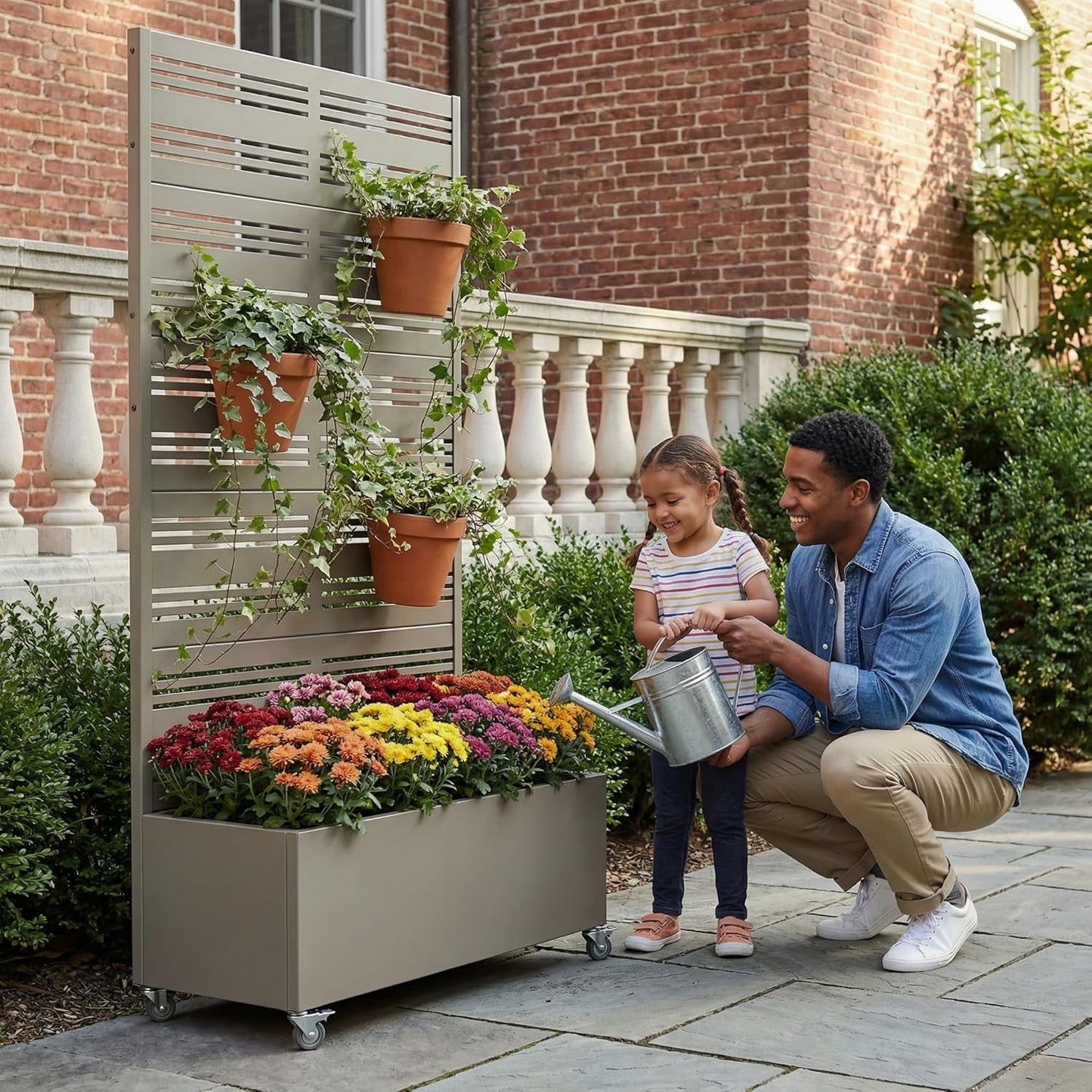 Casaphoria Metal Raised Garden Bed with Trellis and Wheels, 72"x47"x16" Planter Box for Climbing Plants, Vegetables & Vines, Features Drainage Holes and Privacy Screen (Black-Louver) - Colors B