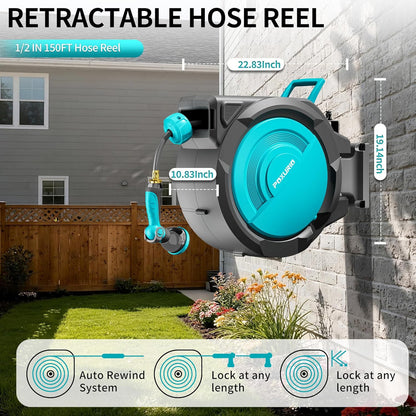 1/2" 150FT Retractable Garden Hose Reel, Wall Mounted Automatic Hose Reel with Upgraded 10 Pattern Nozzle/Any Length Lock/Slow Return System/180°Swivel Bracket, AquaBlue