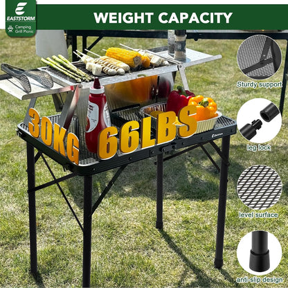 2Ft Small Folding Table with Carry Handle, Camping Table Adjustable Height 10.6–22 in, Black Metal Mesh, Portable & Compact for Outdoor/Indoor,Grill Table, 23.6×15.8 in, 4 lb, 66 lb Capacity