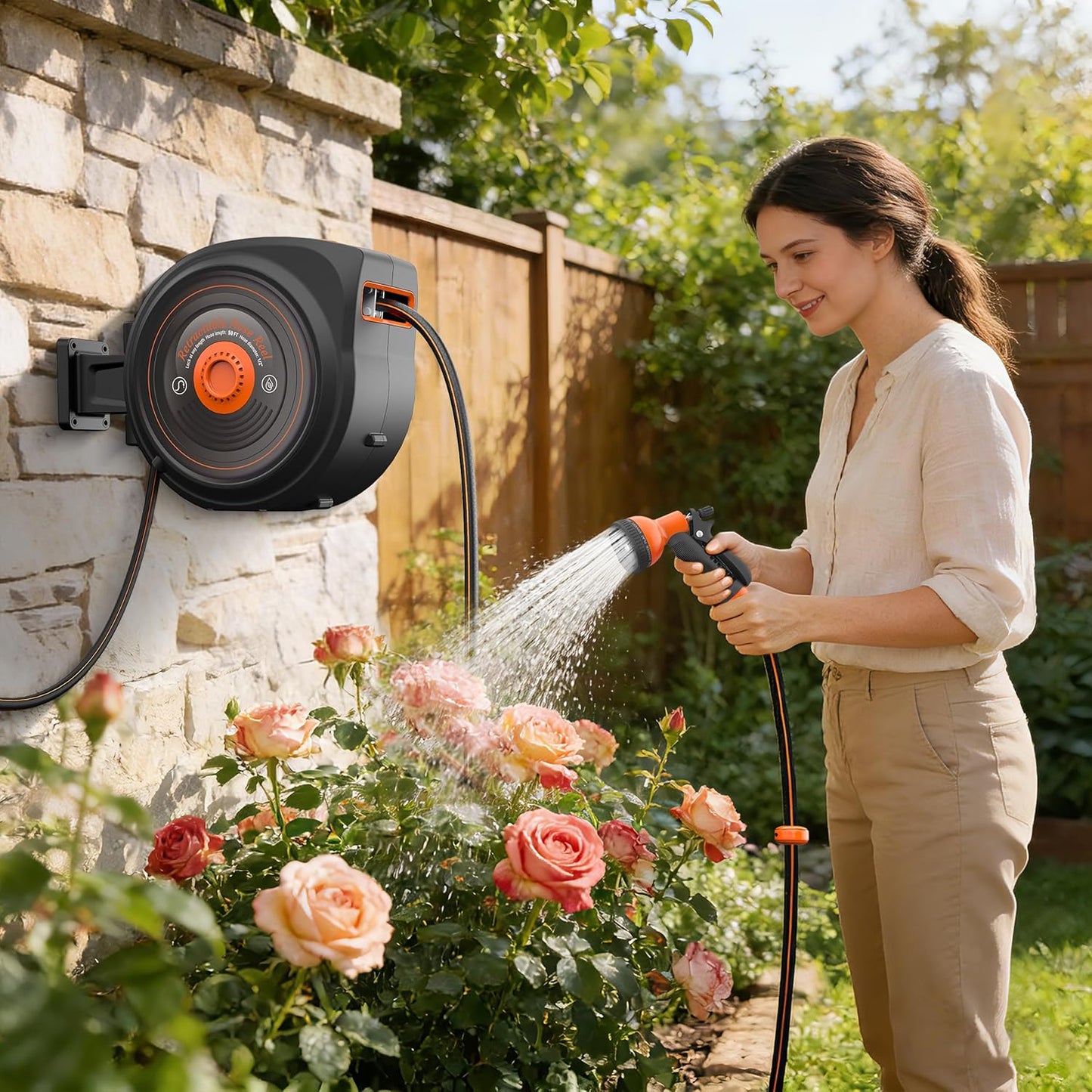 Mars Villa Retractable Garden Hose Reel 1/2 IN x 50 FT, Wall Mounted Heavy Duty Water Hose for Outside, Auto-Rewind & Any Length Lock, 180° Swivel Bracket, Slow Return, 10 Spray Patterns, UV-Resistant