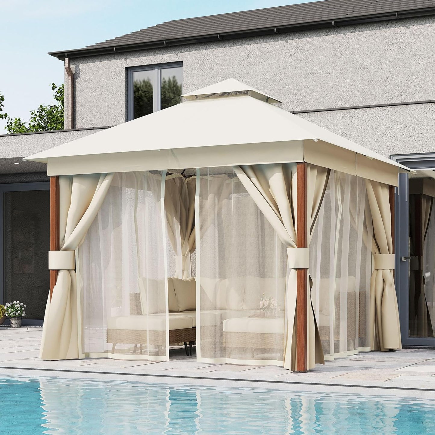 10x20 Gazebo Canopy with 100FT String Lights, Metal Heavy Duty Patio Canopy Tent with Double Roofs, Mosquito Nettings and Privacy Screens for Backyard, Garden, Lawn, Gray
