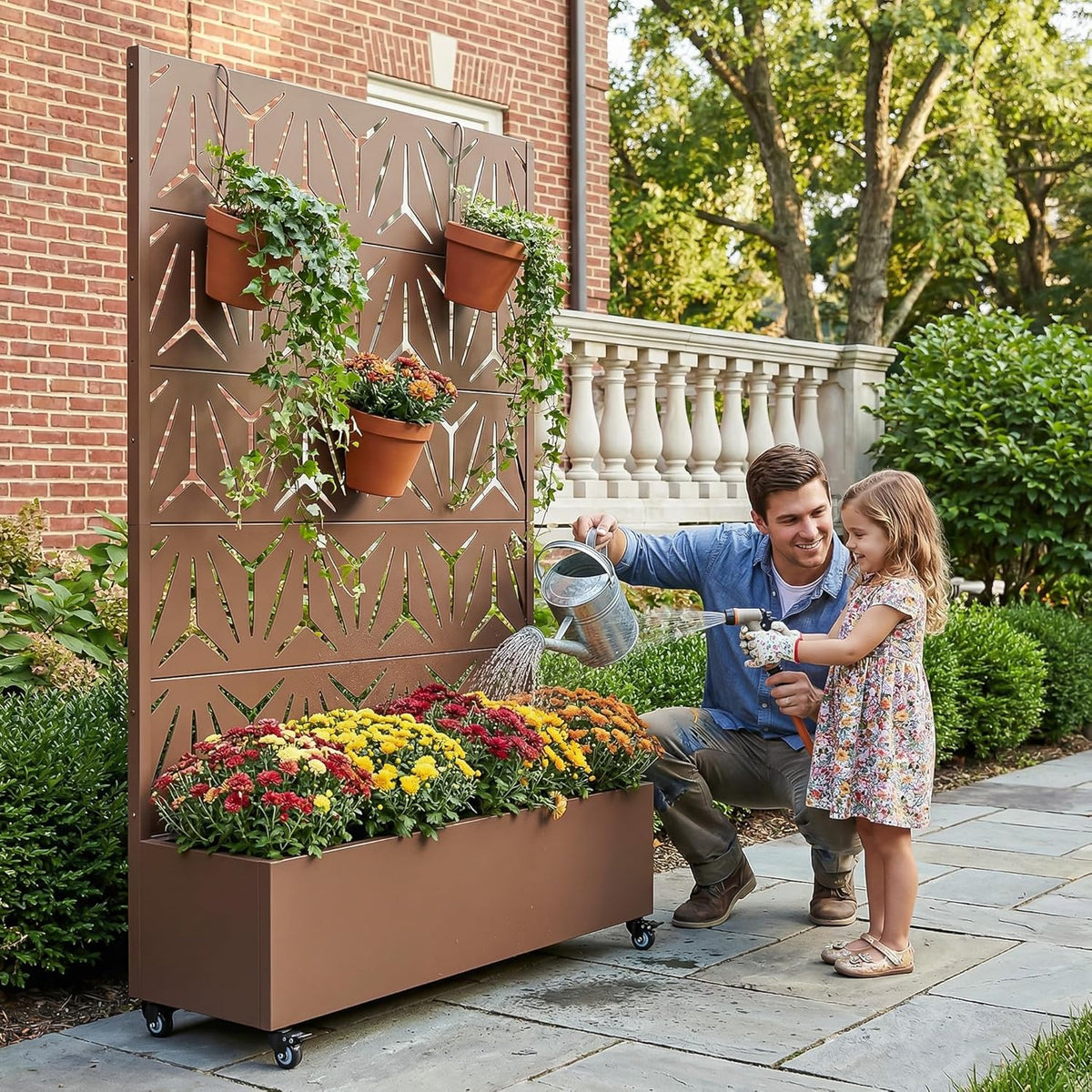 Casaphoria Metal Raised Garden Bed with Trellis and Wheels, 72"x47"x16" Planter Box for Climbing Plants, Vegetables & Vines, Features Drainage Holes and Privacy Screen (Black-Louver) - Colors B